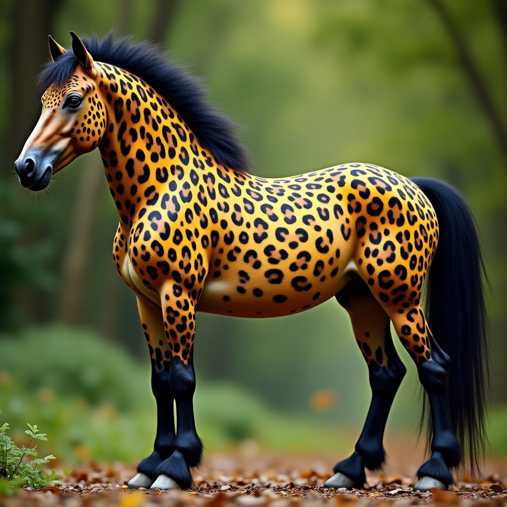 Imagine a fantastical creature that combines the elegance of a horse with the wild beauty of a leopard. This hybrid animal features the sturdy body of a horse adorned with the distinctive spotted coat of a leopard, in vibrant yellow and black. Its mane is luscious and flowing, contrasting with its unique body. Set against a blurred, green background, this creature stands proudly, showcasing a blend of grace and fierceness. The scene captures the imagination, making it perfect for stories about mythical beasts or adventurous tales.