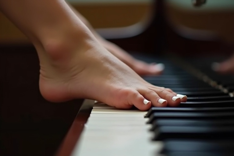 A woman's feet with white toenail polish are positioned over piano keys. The image focuses on the elegant connection between the feet and piano. No hands are visible.