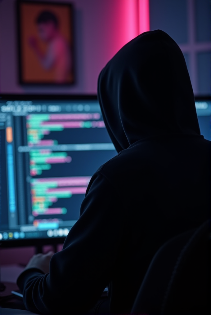 A person in a dark hoodie works at a computer with code on the screen, surrounded by a dimly lit, neon-glowing environment.