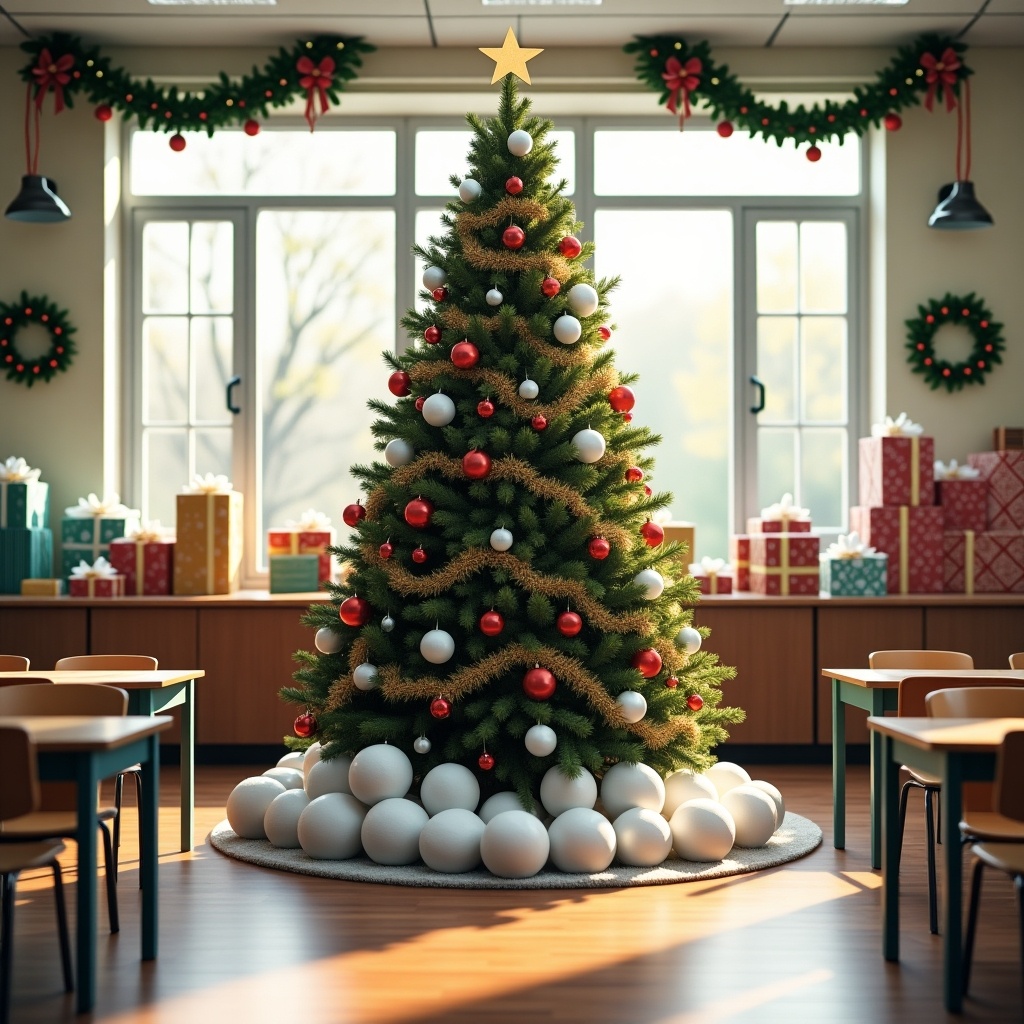 A large Christmas tree stands in a classroom. The tree is beautifully decorated and surrounded by 20 large white balls. Natural light enters through the windows. The room is festive with holiday decorations.