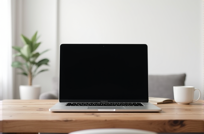 A sleek laptop sits on a wooden table, accompanied by a coffee cup and notebook, with a potted plant and sofa in the blurred background.