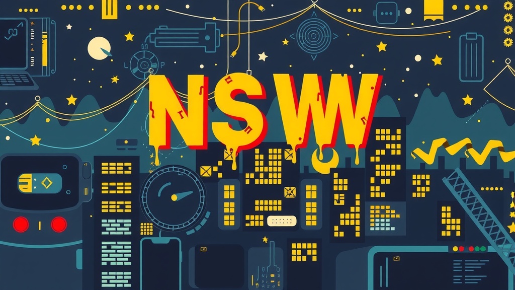 A vibrant, futuristic city scene with the bold letters 'NSW' prominently displayed.