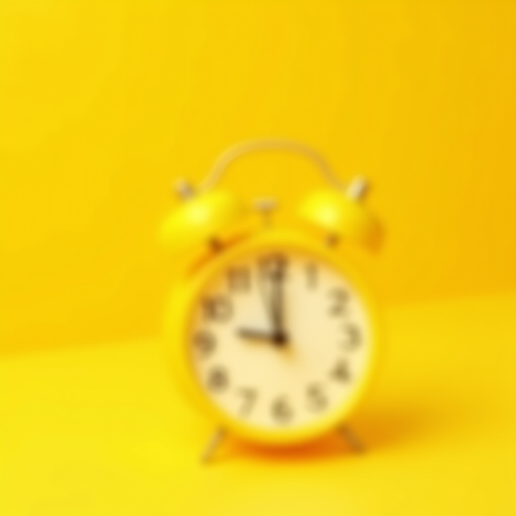 A blurry image shows a yellow alarm clock against a bright yellow background.