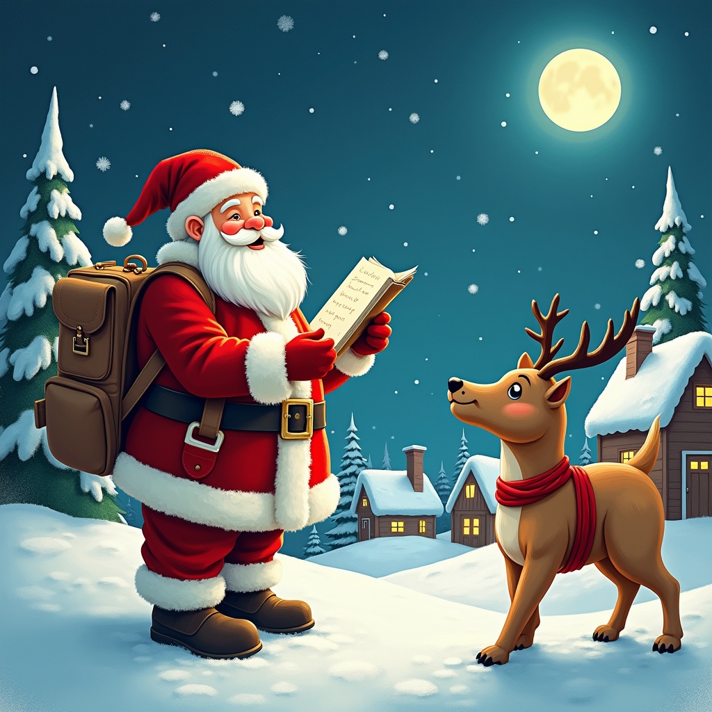 This image features Santa Claus in a snowy village setting. He is holding a list, checking it twice, and next to him is a friendly reindeer. The scene is set under a beautiful full moon, casting soft light on the snow-covered ground. Surrounding them are quaint houses with warm lights glowing in the windows. Evergreen trees are dusted with snow, contributing to the festive atmosphere. The colors are vibrant, evoking a joyful holiday spirit.