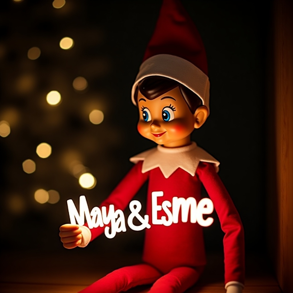 This image features an elf on the shelf character, dressed in traditional red and white attire. The elf is holding a glow stick that forms the name 'Maya & Esme' in bright, soft light. The background is dark, which enhances the glowing effect of the text. It creates a warm, festive atmosphere, embodying the joy of the holiday season. The scene evokes feelings of magic and cheer associated with Christmas celebrations.