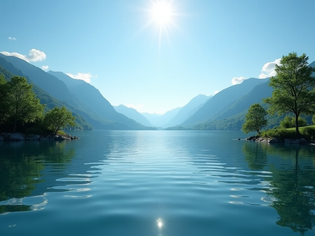 A serene lake surrounded by mountains under a clear blue sky with reflections in the water and bright sunlight.