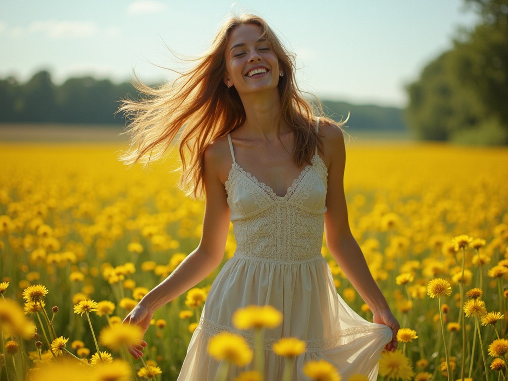 A 20-year-old woman stands joyfully in a vibrant dandelion field. She wears a flowing summer dress and her hair dances in the wind. The scene is filled with bright yellow flowers under a clear blue sky. The mood is playful and full of life. This image is captured with rich colors and lifelike textures, creating a hyper-realistic feel that immerses the viewer in the moment. Dramatic lighting highlights her features and the surrounding nature.