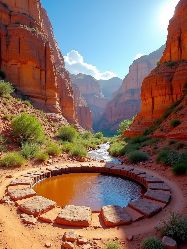 A breathtaking canyon scene with a circular mud wrestling arena. Towering multicolored rock walls featuring shades of orange red and yellow. Sunlight filters through the canyon creating golden glow. A mud pit at the center reflects sunlight. Smooth stones form the pit boundary. Lush desert plants surround the scene. A sparkling stream winds nearby beneath the blue sky with drifting clouds. Adventurous energy fills the atmosphere.