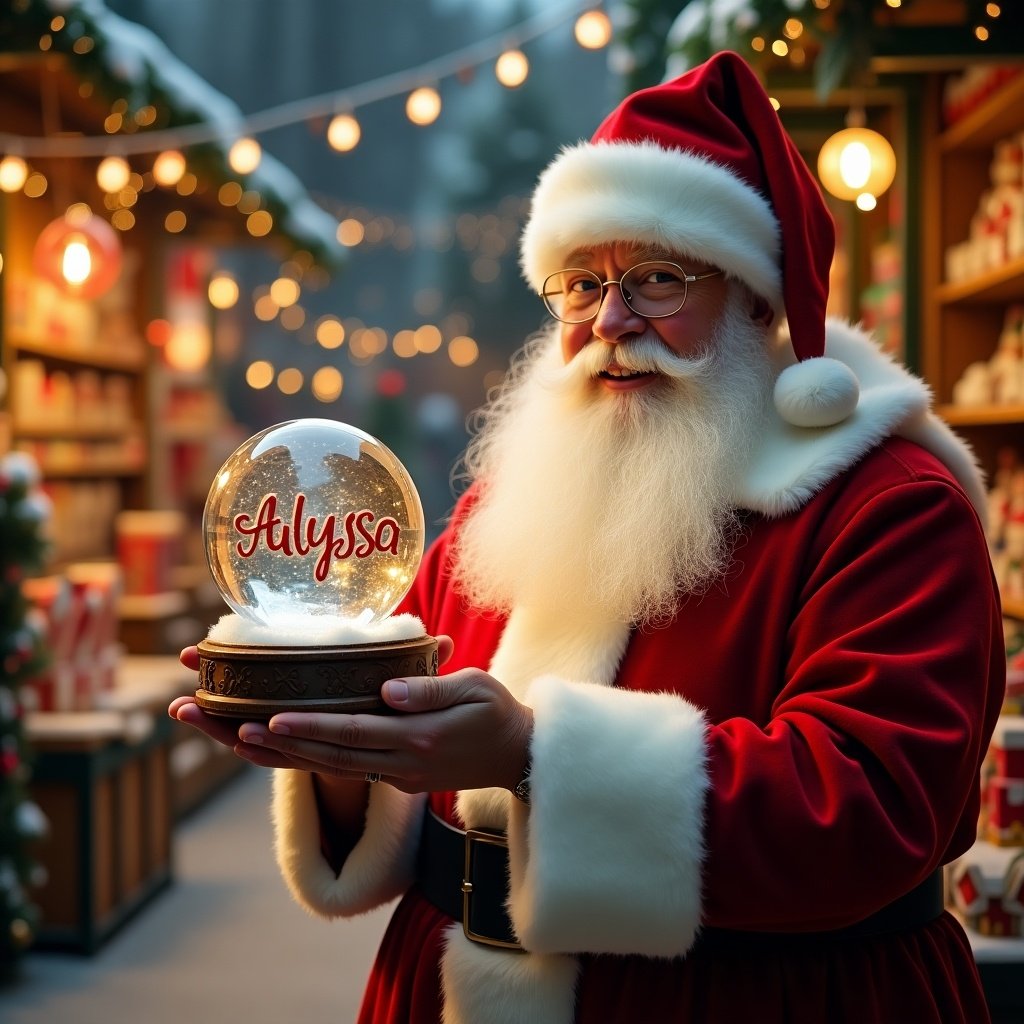 Christmas scene shows Santa Claus in red and white suit holding snow globe. Snow globe has name Alyssa. Background features toy shop with lights and decorations.