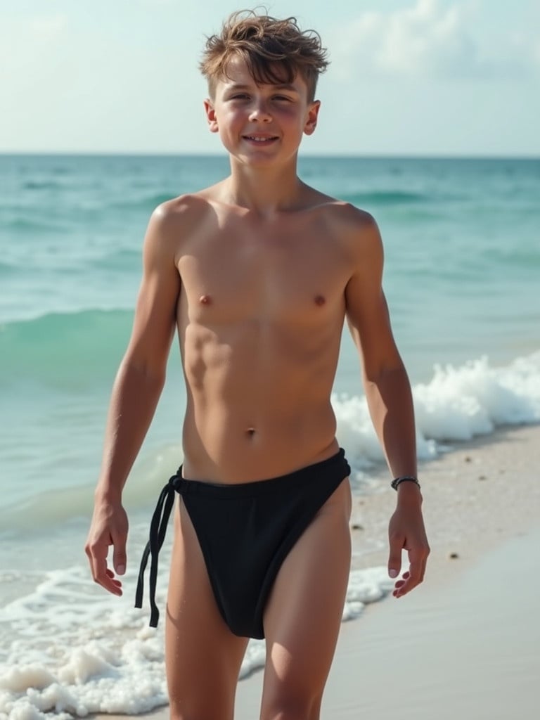 Muscular teenage boy walks on the beach. He wears a loose black g-string swimsuit. Waves crash at his feet. Sunlight shines on him as he moves along the shore.