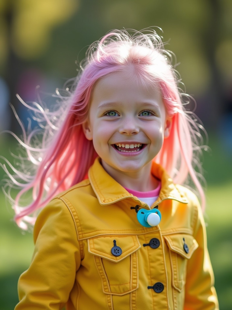 Girl stands in the park. She has long pink hair. She wears a yellow denim jacket. She smiles happily. Her eyes are emerald green. She holds a pacifier. Sunshine casts a soft light on her.