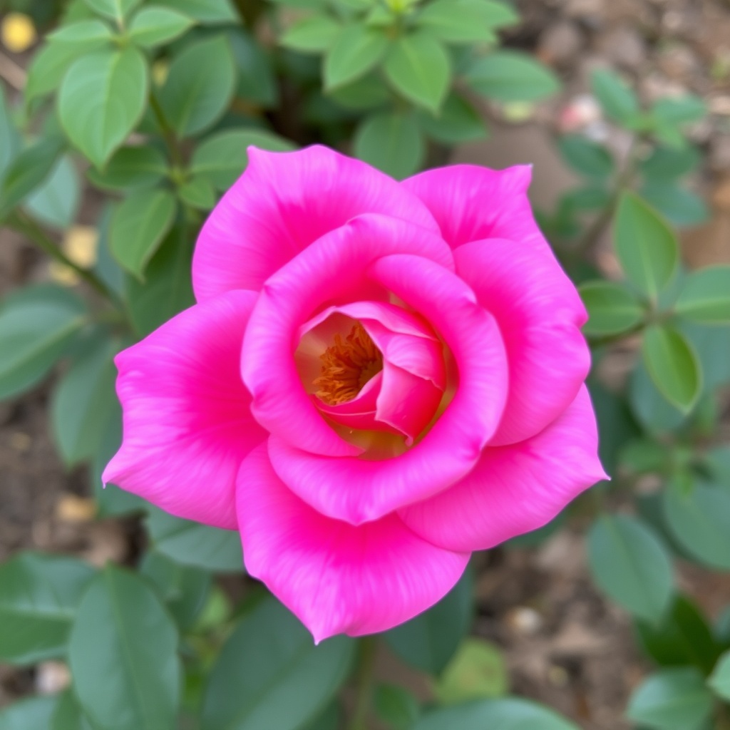 A vivid pink rose in full bloom with lush green leaves in the background.