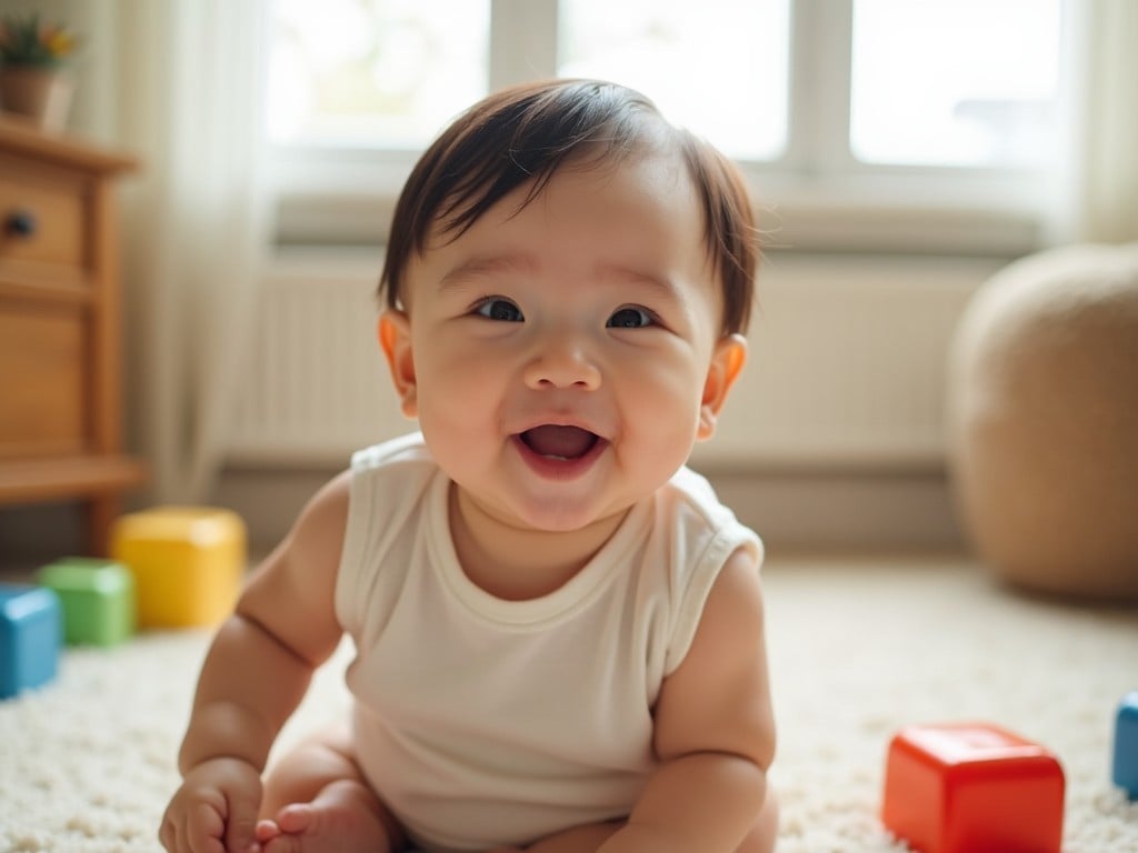 A smiling baby sits on a soft carpet, surrounded by colorful blocks. The baby has dark hair and bright eyes, exuding happiness. Natural light streams in through a window, creating a warm atmosphere. The room has a cozy, inviting vibe with child-friendly decor. The composition captures a joyful moment in a child's early developmental stage.