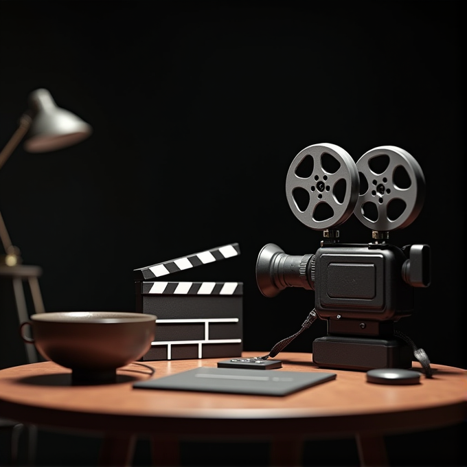 A classic film camera with reels sits on a table next to a director's clapboard and a cup.