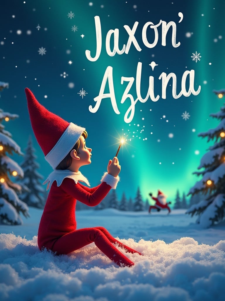 Enchanting Christmas scene with an elf on the shelf. Elf uses a wand to write Jaxon and Azlina in the sky. Background features stunning northern lights with a distant Santa. Snow blankets the ground. Captures holiday joy and wonder.