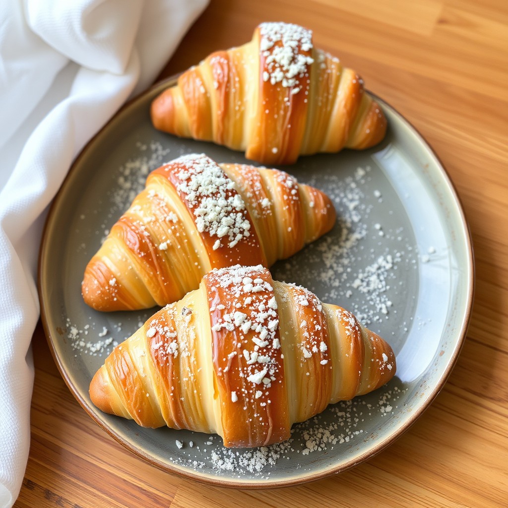 Three croissants topped with powdered sugar on a plate.