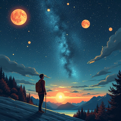 A hiker stands on a snowy hilltop. The view includes two bright orange and purple planets against a starry sky. The milky way is visible above. A sunset casts colorful reflections on mountains and a lake. The image captures a sense of awe and adventure in nature.