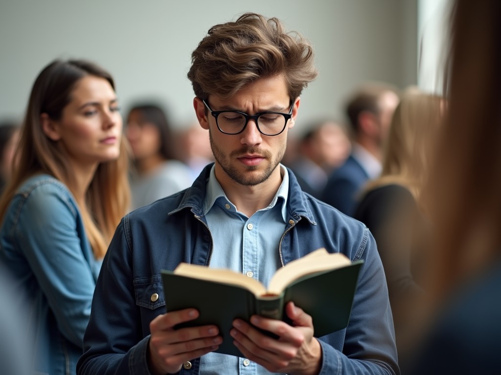 A thoughtful young man engrossed in reading a book amidst a busy crowd. His deep concentration contrasts with the blurry background, where others are subtly focused on their own activities. The soft lighting highlights his expression, creating a serene yet introspective atmosphere.