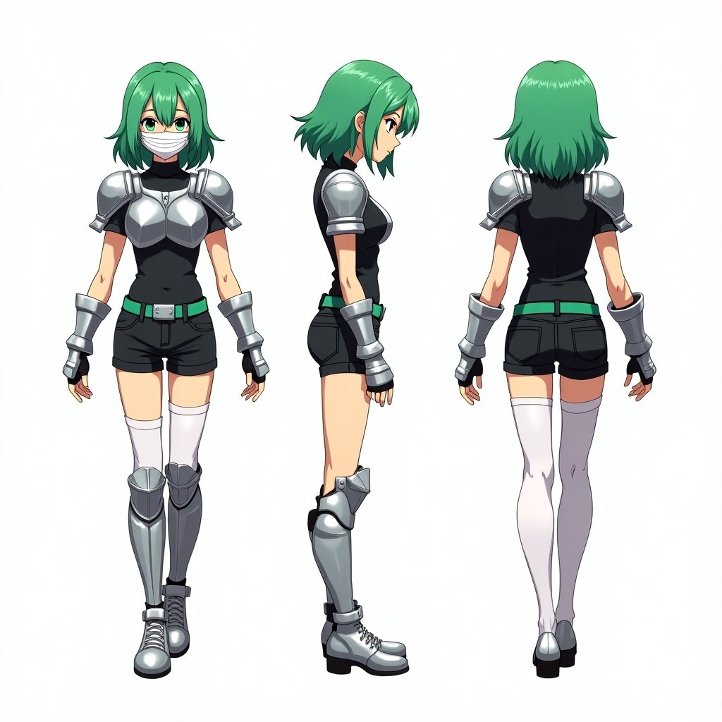 An anime mercenary tomboy with green hair. Curtain bangs and a face mask are present. Silver shoulder pads and chest plate are worn. A black shirt is beneath the armor. Black short jeans with a green belt are worn. Large silver buckle is on the front of the belt. Metal gauntlets and leg armor are worn. White tights cover the legs. The character is presented in three views: front, side, and back.