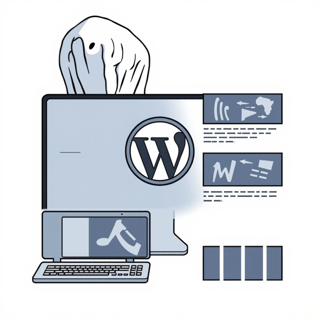 An illustration shows a WordPress logo on a screen, with abstract graphics and a laptop keyboard below.