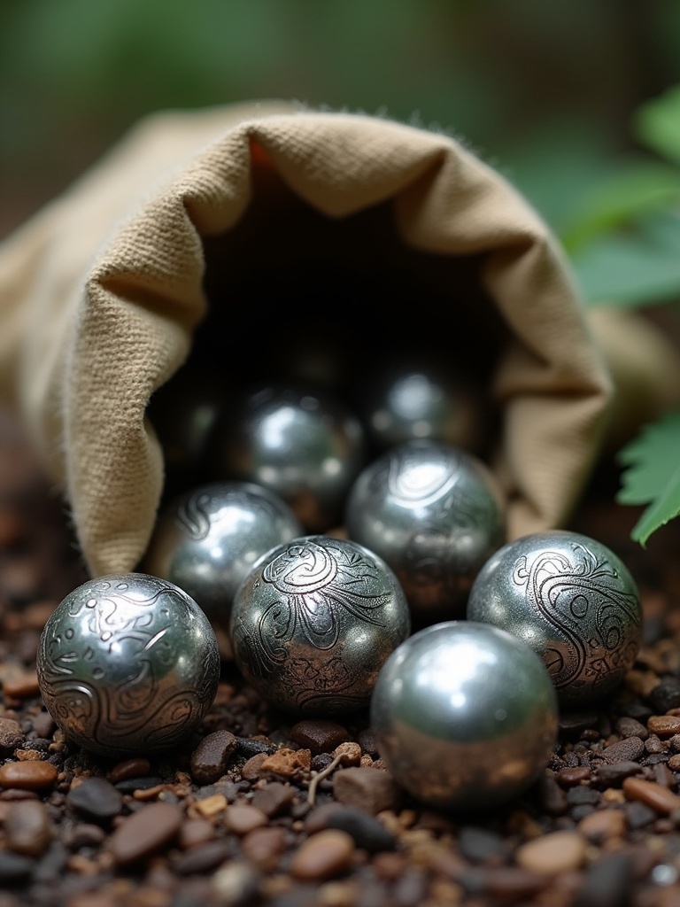 Shiny silver marbles spill from a light brown canvas sack. Marbles feature Polynesian tribal designs. Scene set on forest floor reminiscent of Amazon jungle. Natural setting with green foliage in the background.