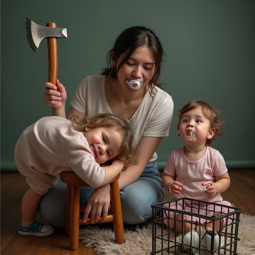 Playful scene with a mother and her kids. Young girl lies her head on a stool while mother holds a toy axe. Girl has a big pacifier. Two siblings are locked in a small cage waiting for their turn. Mother wears a mask. Atmosphere is fun and lighthearted.