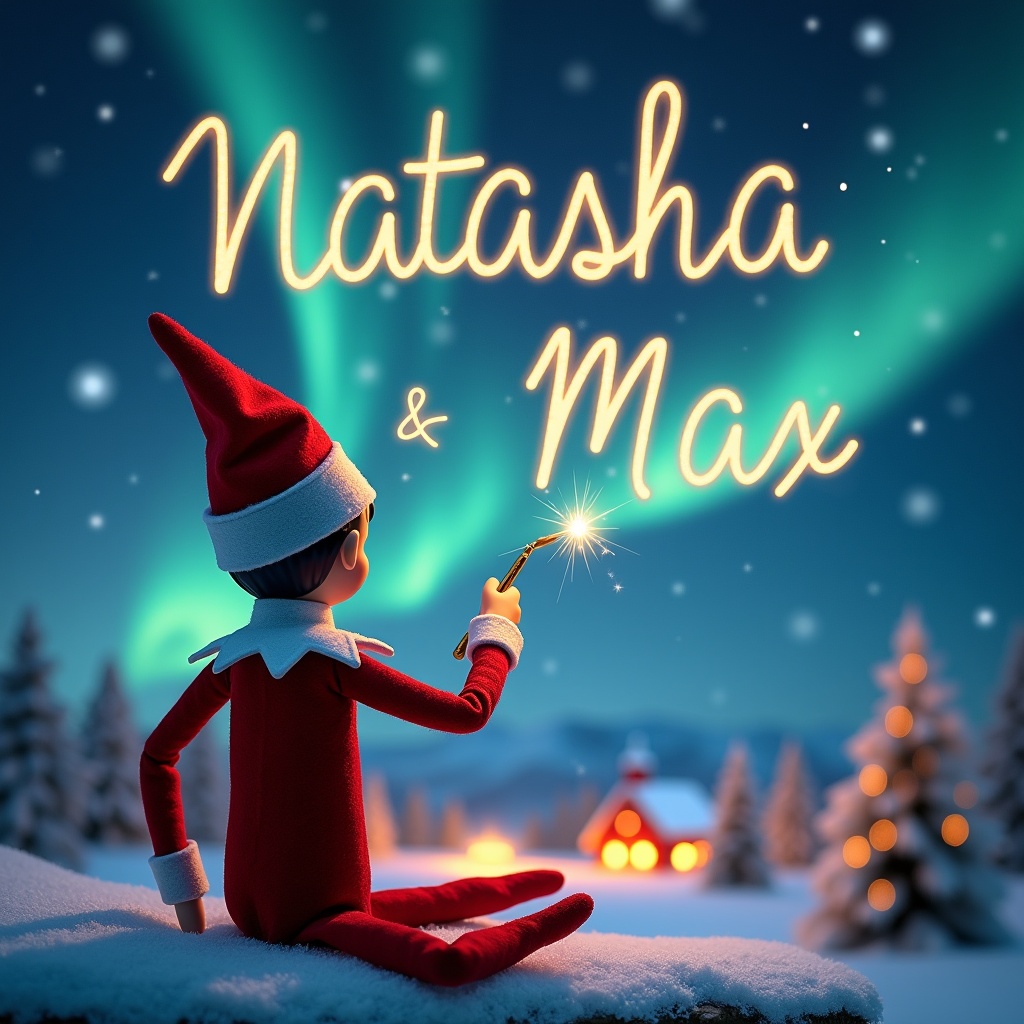 An elf on the shelf is seen from behind, sitting on a snowy hill while looking up at the bright night sky. He is using a sparkly wand to elegantly write the names 'Natasha' and 'Max' in the air. The background is filled with magical Christmas vibes, featuring glowing northern lights and twinkling stars. Soft white snow blankets the ground, and distant cozy houses emit warm light. This scene captures the spirit of Christmas wonder and magic.