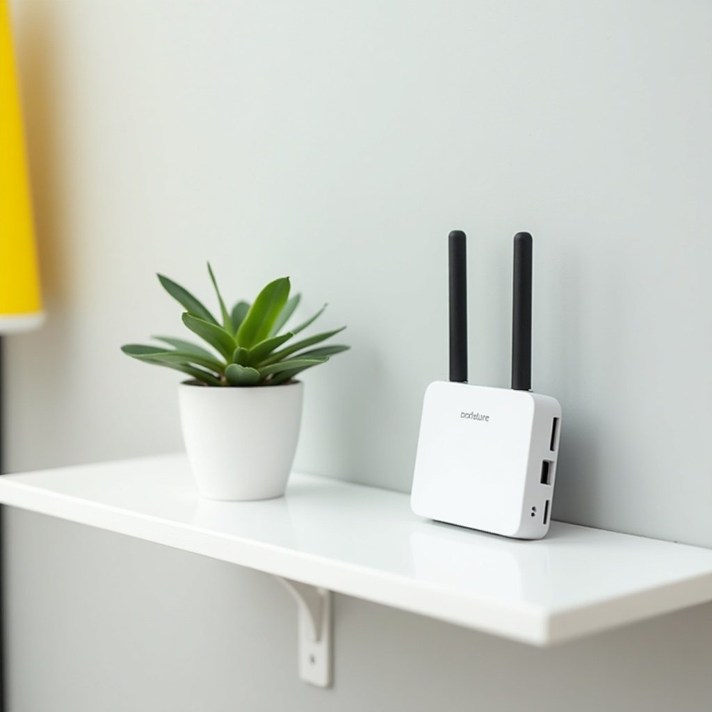 White shelf holds a potted plant and a wireless router. Potted plant has green leaves in a white pot. Wireless router is white with two black antennas. Background features a light gray wall with a yellow object. Combination of technology and nature creates a balanced environment.