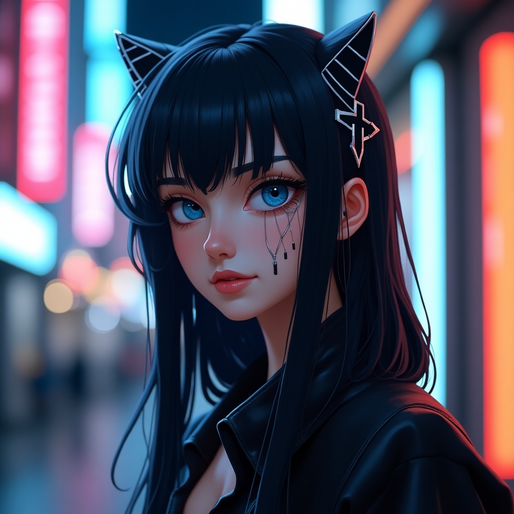 A character from Arcane with black hair and white strands in the front. Displaying a scar on the right eye and blue eyes. Dressed in a modern, chic outfit, set in a neon-lit city background.