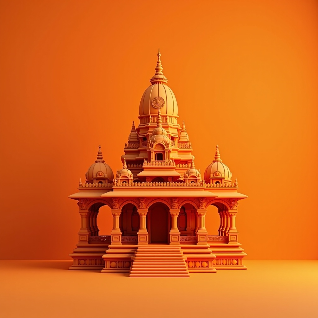 Create a model of an Indian temple. Use an orange background. Focus on intricate architecture.