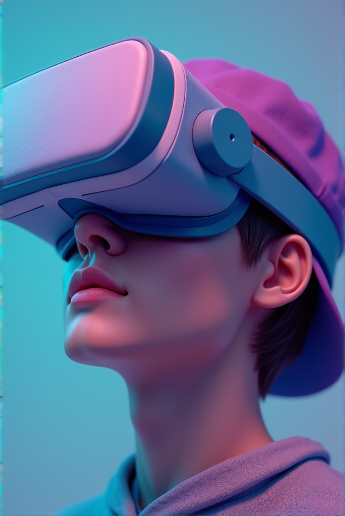 A person wearing futuristic virtual reality goggles and a cap is bathed in a vibrant blue and pink light.