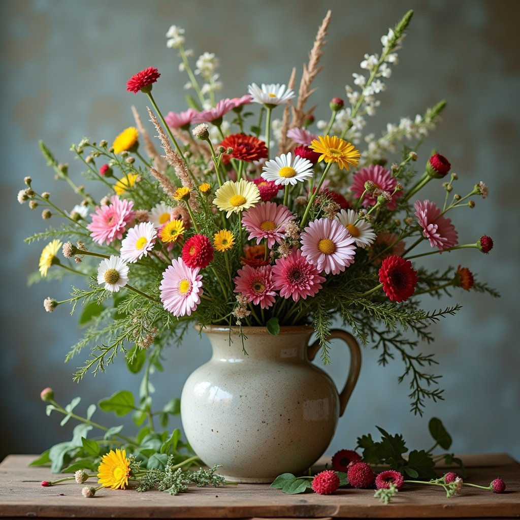 Rustic still life photography showcasing a vibrant bouquet of wildflowers. Arrangement includes daisies, pink, red, and yellow flowers. Greenery and grasses surround the flowers. A sturdy ceramic vase holds the bouquet on a wooden table. Some flowers are spilling over the edges. Background features a muted and textured wall to enhance the vintage aesthetic.