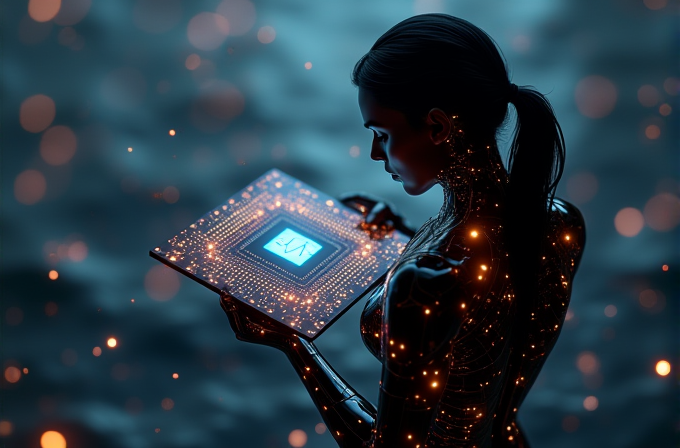 A futuristic humanoid figure holding a glowing, intricate circuit board in a dimly lit environment.