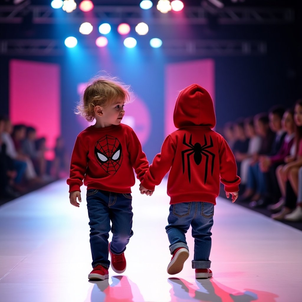 Two toddlers walk hand in hand on a colorful runway. Both wear Spider-Man inspired clothing. One has a red Spider-Man sweater. The other child has a red hoodie with a spider design. Bright lights illuminate the runway. Spectators watch from the background, creating a joyful atmosphere.