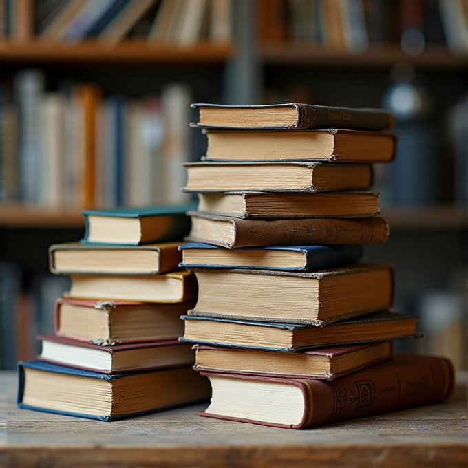 Two stacks of old books sit on a wooden table with a blurred bookshelf in the background.