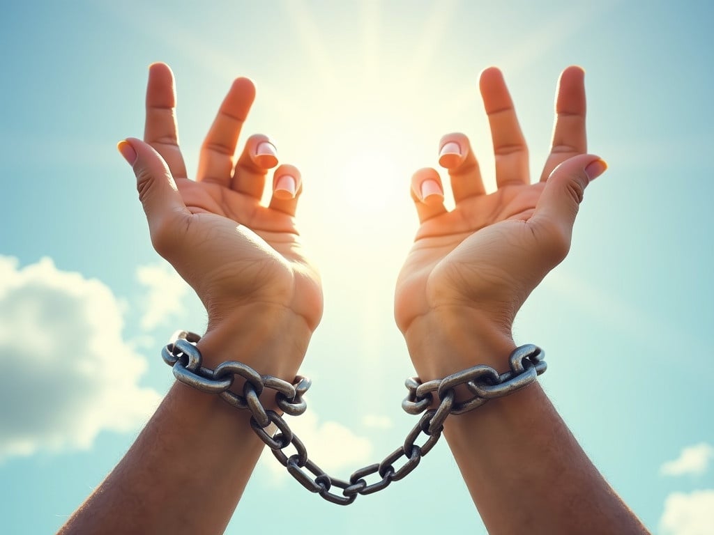 Two hands raised towards the sky. Broken chains around the wrists symbolize freedom. Bright sky with clouds create openness and release.