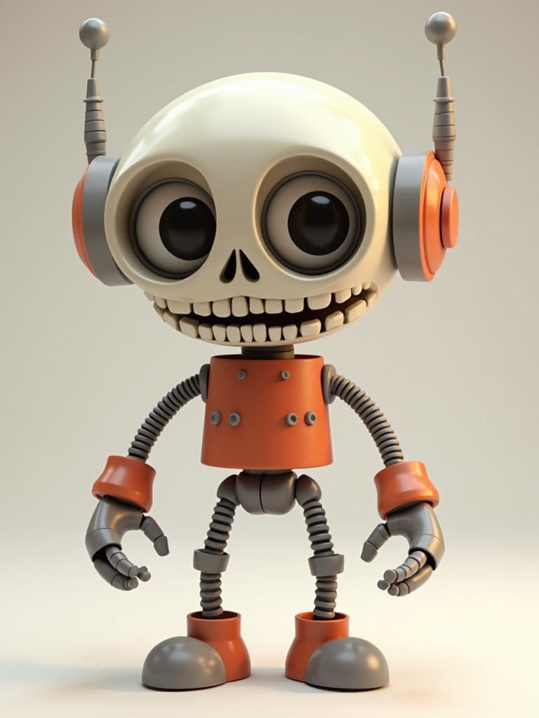 3D low-poly character. Funny robot design. Simple style with tubelike limbs. Bucket-shaped skull head with two large teeth. Expressive large eyes resembling glasses.