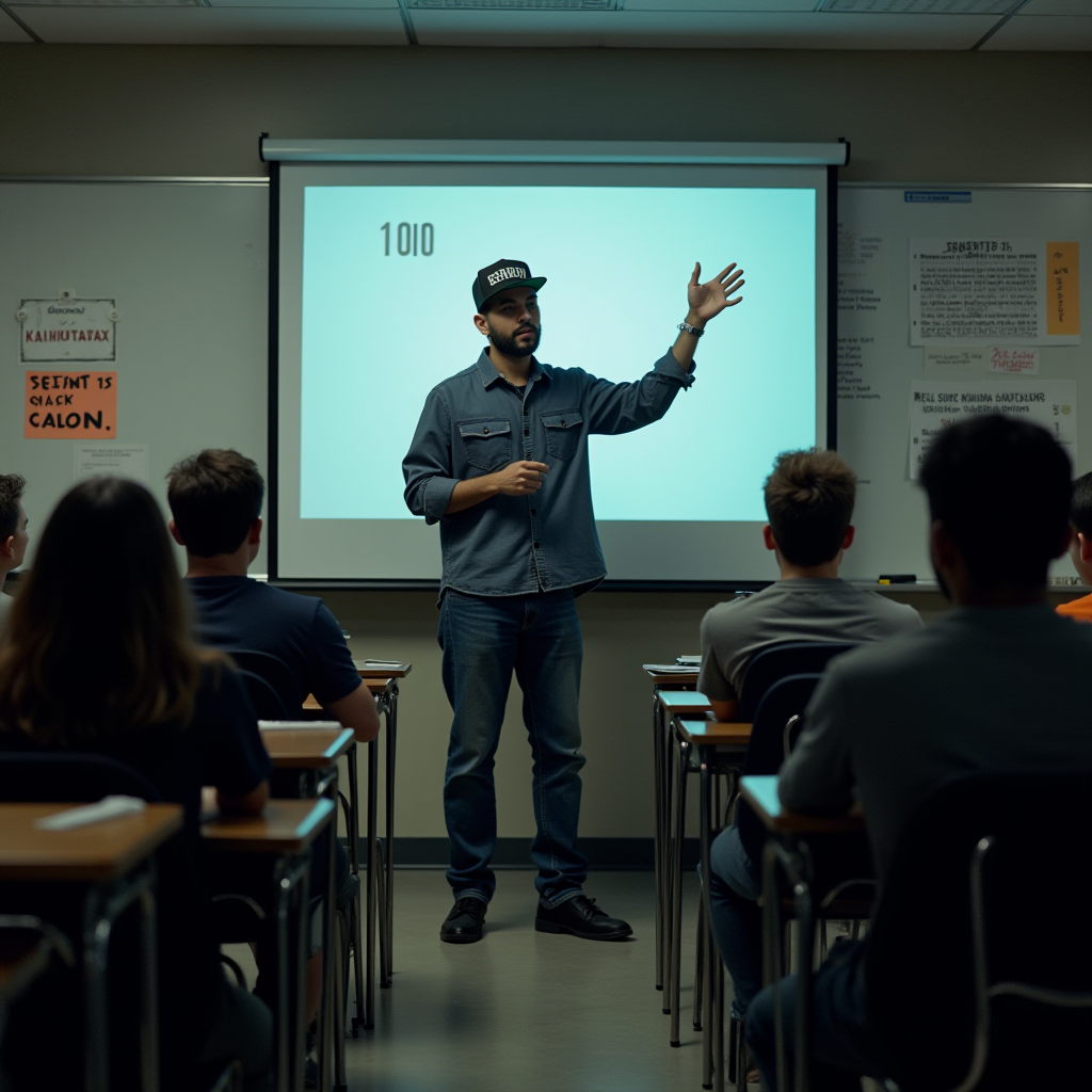 A man in a cap is giving a presentation to students in a classroom.