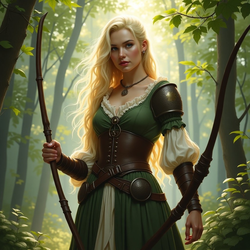 Female druid stands in a lush forest. She has pale skin and vibrant blond hair. Dressed in an 18th-century gown with leather armor. Confidently holds a bow, symbolizing her hunting prowess. Soft sunlight filters through the trees, creating a serene atmosphere.