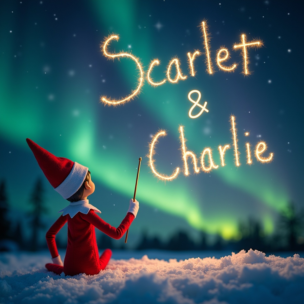 This image showcases an elf on the shelf positioned with its back to the viewer. The elf, dressed in a traditional red outfit, is facing up towards a beautiful dark sky filled with vibrant northern lights. With a magic wand in hand, it is elegantly writing the names Scarlett and Charlie in sparkling letters against the backdrop. The snowy ground adds a serene touch to the magical scene. The overall atmosphere is filled with wonder and holiday joy, perfect for capturing the essence of Christmas.