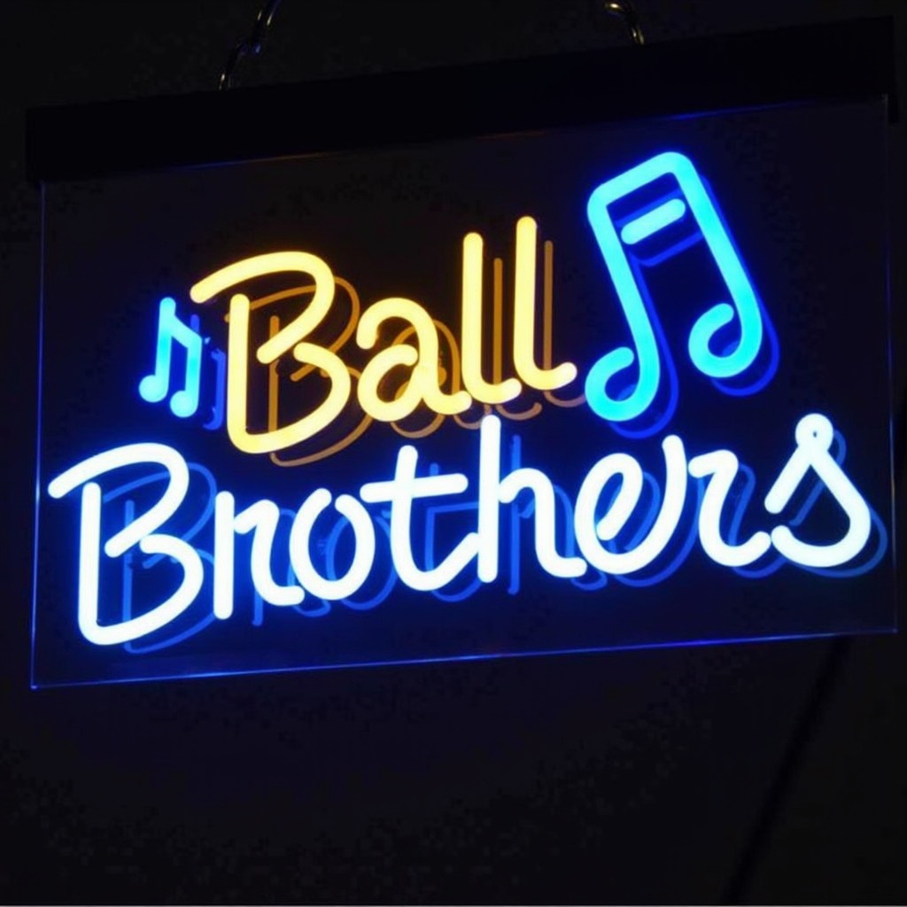 This image showcases a neon sign with the words 'Ball Brothers'. The vibrant colors are eye-catching, primarily featuring bright blue and yellow. Musical note designs enhance the theme, suggesting a connection to music. Such signage is prevalent in music shops and entertainment venues, serving a functional and aesthetic purpose. The overall effect creates a lively ambiance that attracts attention and adds character to the space.