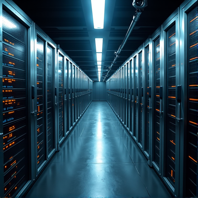 A futuristic server room with rows of illuminated server racks under bright overhead lighting.