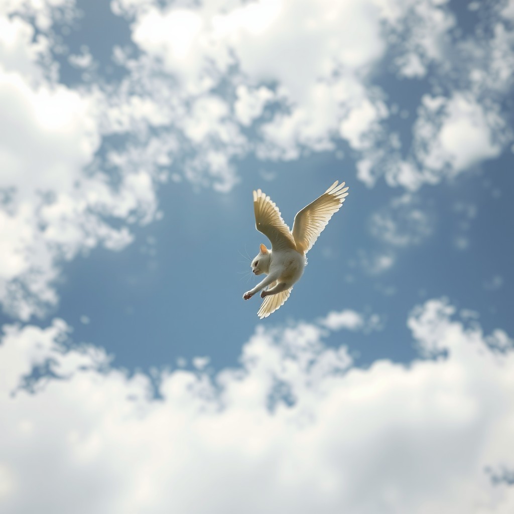 A cat with bird wings flies through a cloudy sky.