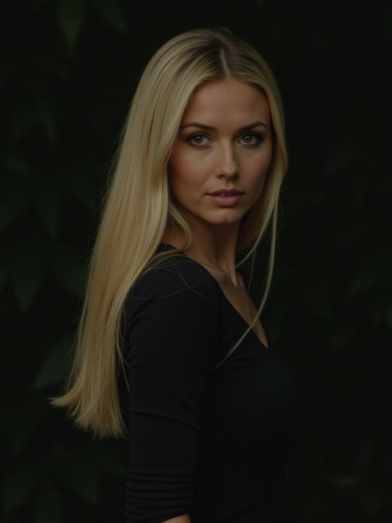 A woman with long blonde hair stands confidently. She is positioned in a dark environment. The focus is on her posture and hair. The background is blurred and dark.