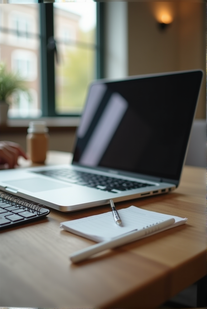 A minimalist workspace with a laptop, notepad, and keyboard on a wooden desk by a window.