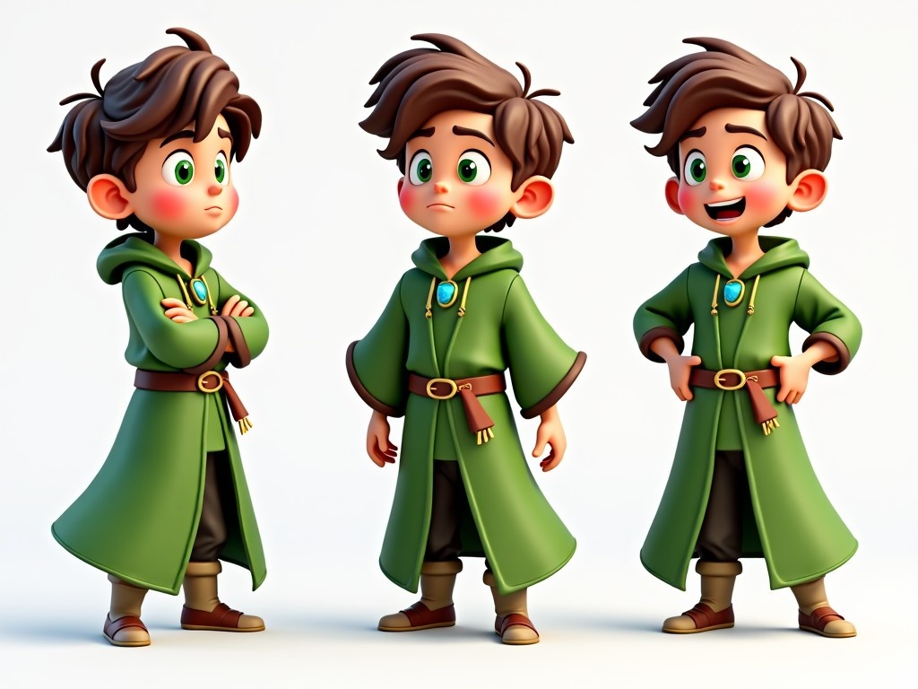 This image presents a young boy, approximately 10 years old, with wavy brown hair and bright green eyes, wearing green mage robes. The boy shows a range of emotions that include joy, sadness, anger, excitement, and curiosity. Each pose reflects a moment in movement, highlighting his lively personality. A sapphire pendant hangs around his neck, adding to his magical appearance. The bright color palette enhances the cheerful theme, making this character suitable for various children's media contexts, from books to animations.