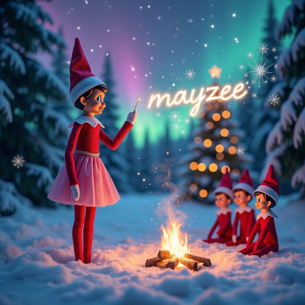 Traditional pink girl elf stands in snowy forest with red boy elves. Magic wand writes 'mayzee' in glitter across night sky. Sparkling snowflakes swirl. Horizon glows with northern lights in pink, purple, turquoise. Small campfire crackles casting warm glow. Tall Christmas tree in background adorned with snow and lights.