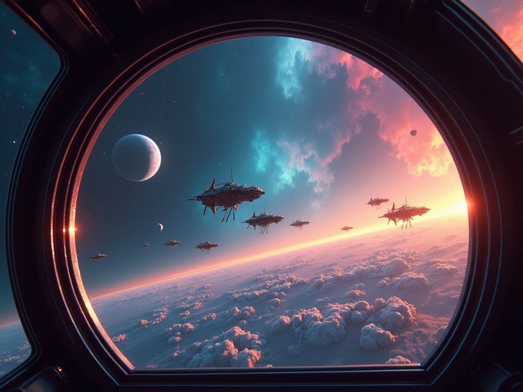 In this space rock album cover artwork, we find ourselves inside a spaceship, gazing out through a large glass panel above the cockpit. The view reveals the vastness of space, enhanced by vibrant nebulas and planets that drift in the dark sky. In the distance, a fleet of insect-like spaceships is seen flying in a precise formation. The colors seamlessly blend from deep blues to radiant oranges, creating an electrifying atmosphere. The overall vibe is both psychedelic and futuristic, perfectly encapsulating the essence of space exploration and the energy of music.