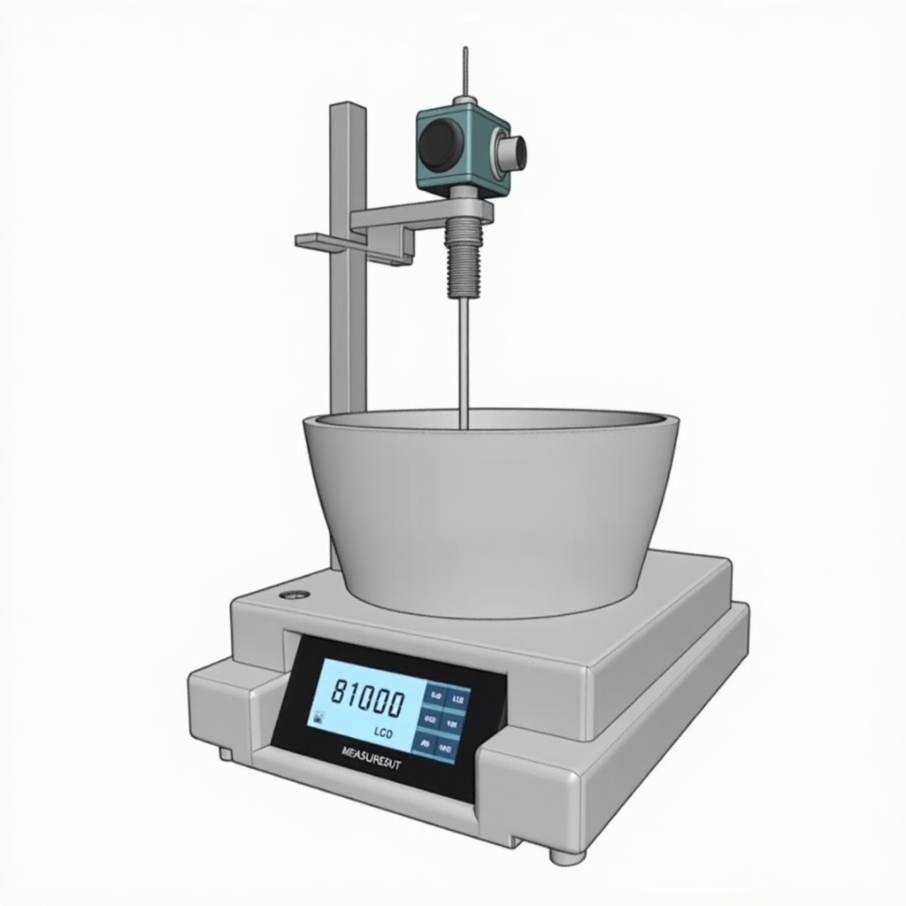 Design features a stand with a screw mechanism to adjust the attached motor and paddle. A vessel is placed on a plate attached to the base, which has an LCD display showing measurement values.