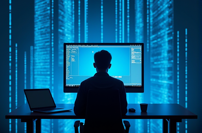 A person in a dimly lit room works at a computer, surrounded by walls adorned with glowing digital patterns.